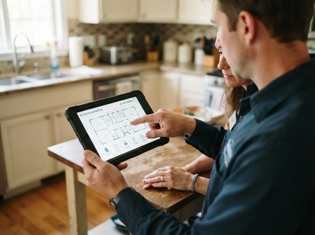 Water damage restoration technician inspecting a home in Fountain City, IN